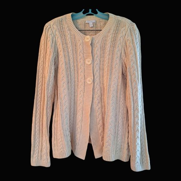 Charter Club Cable Knit Sweater Cardigan Snap Button Cotton Blend Cream Chunky M - Picture 1 of 13